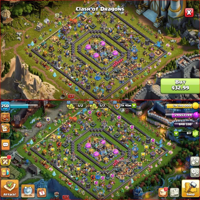 Th18, All 6 Heroes Max [ 13 Rare Epic Max ! ] Xp 250, Nc Available, 3170 WAR STAR, ATB 6120, 14k LT, 22 Skin Hero, 275 Wall Max ! Full Defenses