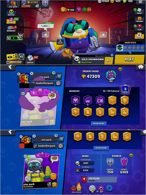 BEST BS 47.3k TROPHY, 96/101 UNLOCKED,29 HYPER CHARGED,10 MAXED,210 OP SKINS [8 MYTHIC+4 LEGENDARY+4 HYPERCHARGED],610 PINS,414 ICON,221 SPRAYS