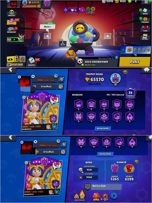 SEXXY BS 65.5k TROPHY, 101/101 UNLOCKED,44 HYPER CHARGED,4 MAXED,361 OP SKINS [20 MYTHIC+7 LEGENDARY+5 HYPERCHARGED],943 PINS,568 ICON,294 SPRAY