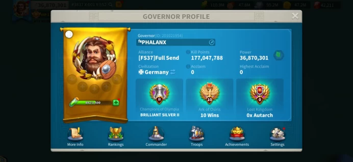 36M Power - KD 3837 KVK 4 - Gang Gamchan, Achilles, Minamoto Max Skills - Castle Academy LV 25 (Close to unlocking T5) - 2.4B RSS, 42K Gems #460