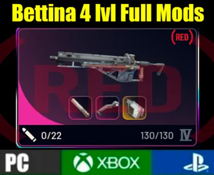 Bettina 4 lvl + Top Mods (Kinetic/Sliencer 3/Horizontal) Full durability 130] [PC/PS/XBOX]
