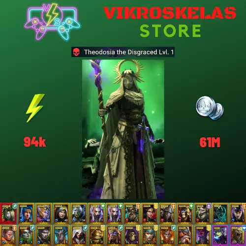 Starter with Mythical - Theodosia : 94k energy / 61 mln coins / Morrigaine, Arix, Ninja + 20 Login Legendaries / Maneater