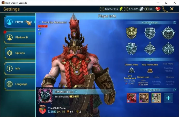 Lv45 882K Power|1 Mythic(Frolni)|22 Legend(Krisk,Brogni,Ninja,Rathalos,Xenomorph,McAngelo,Etc)|43K Energy|Plarium(RSL1463)