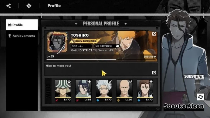 NuverseSEA|Lv55|6 SSR [(Toshiro,Urahara,Aizen,Byakuya,Ikkaku)+Sign,Yoruichi]+11 SR(Rukia,Uryu,Momo,Etc)|Google|(BSR909)