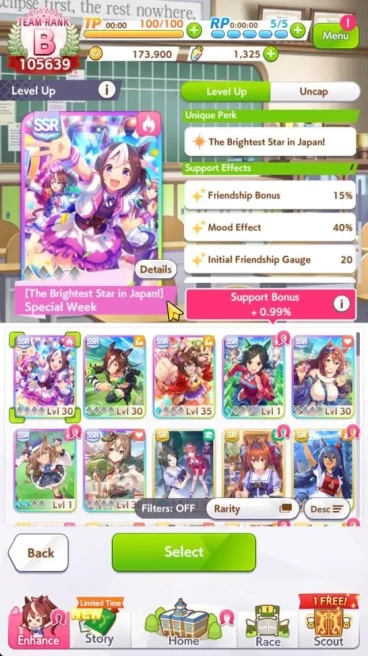 GLOBAL 100K TeamRank|1325 carats|3 Trainee 3star+7 SSR Card[Special Week,Super Creek,Etc]|LogID|Check SS(UM1163)