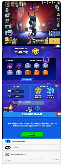 13LV11BRAWLERS~20749TROPHIES~74SKINS~3HYPERCHARGE~67BRAWLERS #A1259Z