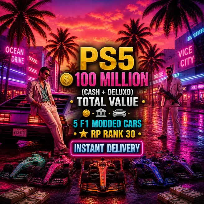 PS5 | 100 Million Cash+ Deluxo | RP 30 | 5 F1 Modded Cars | GTA Modded Account | 24/7 support | GTP5S1062