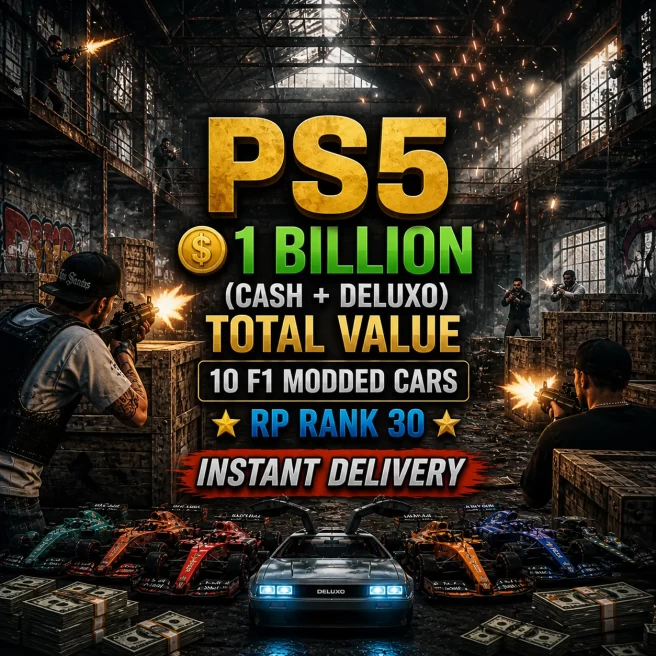 PS5 | 1 Billion Cash+ Deluxo | RP 30 | 10 F1 modded cars| GTA Modded Account | 24/7 support | GTP5S1078