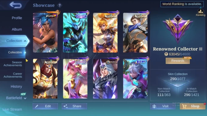 Hero 131|Skin 290|KOF Karina|Covenant Benedetta|Zodiac Selena|Lightborn Fanny Alucard Tigreal|Rising Lolita|Dtamer Lance ML861B