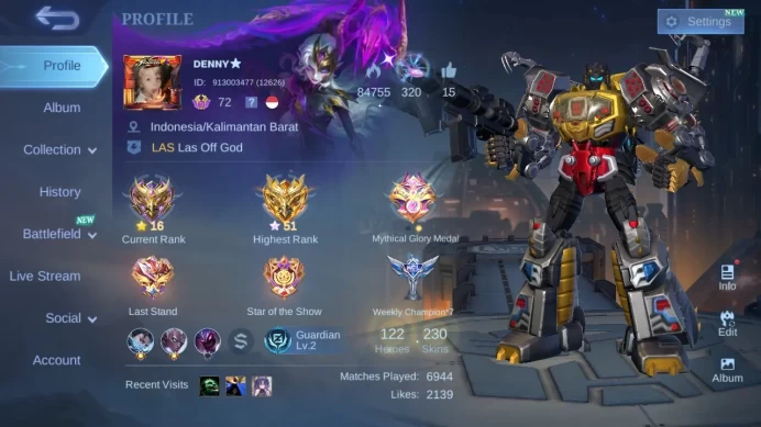 Hero 122 | Skin 230 | GLORY | Luckybox Lancelot | Kungfupanda Thamuz | Transformers Roger | Stun Brody | Mworld Ling ML866B