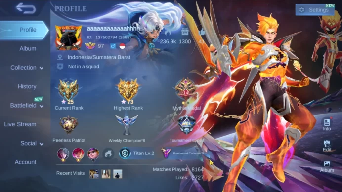 Hero 131|Skin 260|Prime Claude|Luckybox Roger Uranus|Sparkle Fredrinn|Valentine Fanny|Dtamer Ling|Blazing Aldous Claude ML906B