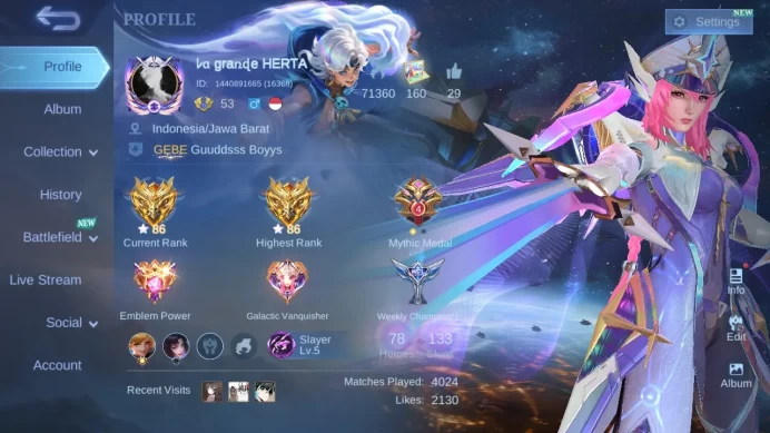 Hero 78 | Skin 133 | GLORY | Legend Freya | Zodiac Lunox | Blazing (Layla ,Franco ,Esmeralda) Valentine Fanny | ML917B