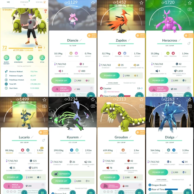 2203 Level 72 Legends100 x13 Shiny Black Kyurem BG Shiny White Kyurem Shiny Mega Lucario  Shiny Primal Groudon