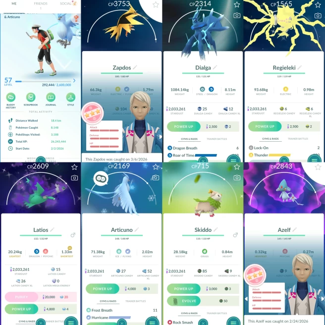 2204 Level 57 Zapdos100 Azelf100 x3 Shiny Articuno Shiny Shadow Latios