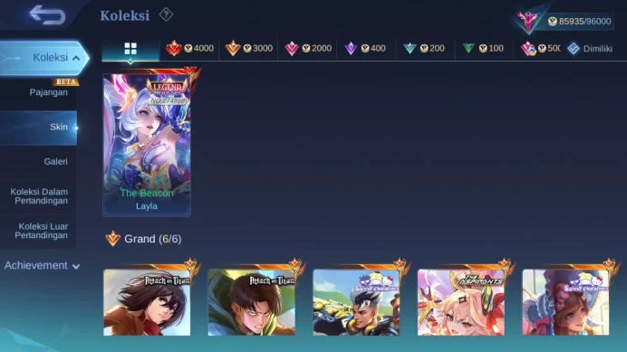Hero 103 Skin 235 | Legend Layla | AOT Fanny, Martis, Yin | Aspir Guin | Sanrio Claude | Luckybox Haya, Irithel, Selena ML1445B