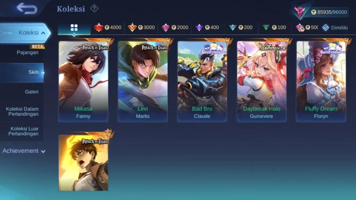 Hero 103 Skin 235 | Legend Layla | AOT Fanny, Martis, Yin | Aspir Guin | Sanrio Claude | Luckybox Haya, Irithel, Selena ML1445B