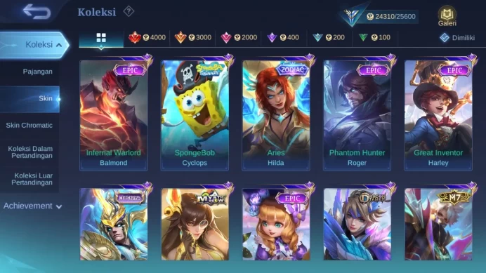 Hero 72 Skin 108 | Prime Granger | Zodiac Hilda | Dtamer Kimmy | Epic Terizla, Harley | Meow Lesley, Julian check ss ML1453B