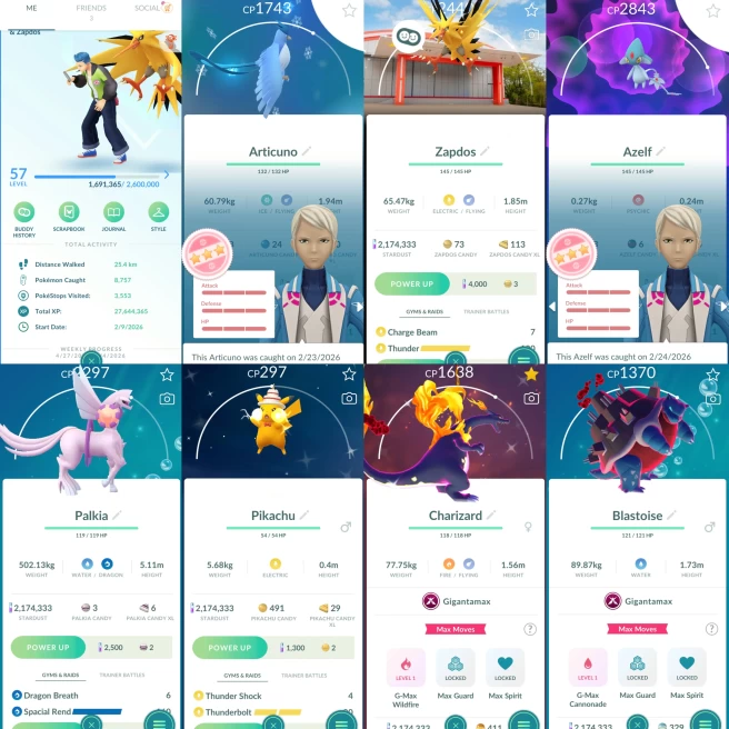 2206 Level 57 Articuno100 Azelf100 x2 Shiny GMax Charizard Shiny Zapdos PokePark Kanto Japan BG