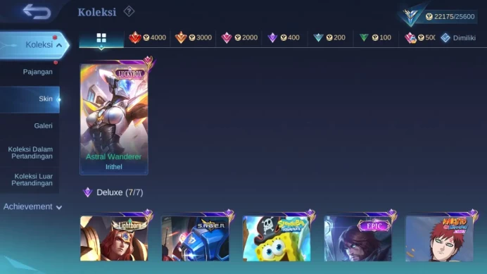 Hero 75 Skin 102 | Luckybox Irithel | KOF Karina | Lightb Harith, Tigreal | Spongebob | Dtamer Ling | Starlight Lance  ML1462B