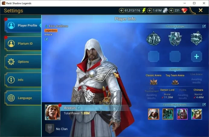 Lv46 1,3M Power|1 Mythic(Siegfrund)|27 Legend(Ninja,Alice,Xenmorph,Dknight,Ezio,Rathalos,Wukong,Etc)|61K Energy|Plarium(RSL1454)