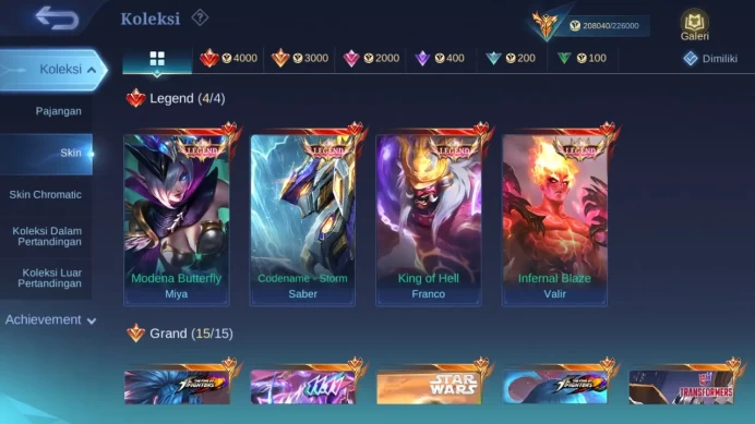 Hero 127 Skin 510 |Legend Miya,Franco,Saber,Valir|Dawning Esme|11.11 Haya,Xborg|JJK Julian|Collector 8 Ling,Gusion etc ML1466B