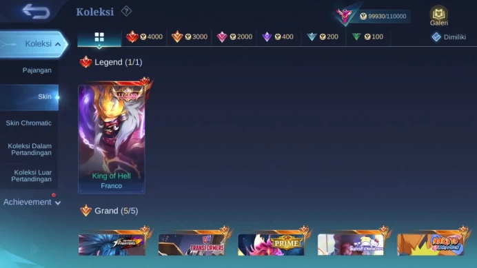 Hero 131 Skin 372 | Legend Franco | Prime Claude | Naruto | Annual Lesley, Angela | Zodiac Odette | Lunar Sun ML1467B