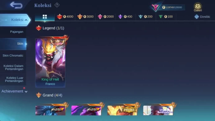 Hero 132, Skin 440+ | legend franco,KOF dyrroth,Prime yuzhong,LB(Hayabusa,lesley,kimmy),zodiac(mino,aurora,odette,lance,ML1477B