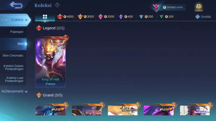 Hero 132 Skin 373 | Legend Franco | KOF Dyrroth | Aspirant Lesley | Luckybox Kimmy,Martis,Odette,Chou,Lance check ss ML1505B
