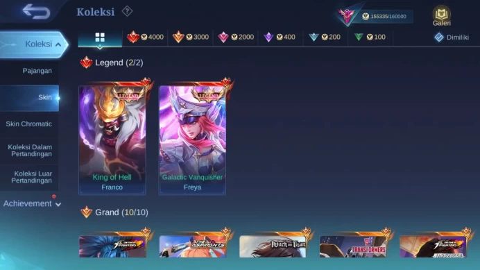 Hero 132 Skin 439 | Legend Franco, Freya | Aspirant Fanny | Collector YSS, Valir | Prime Granger, Beatrix ML1520B