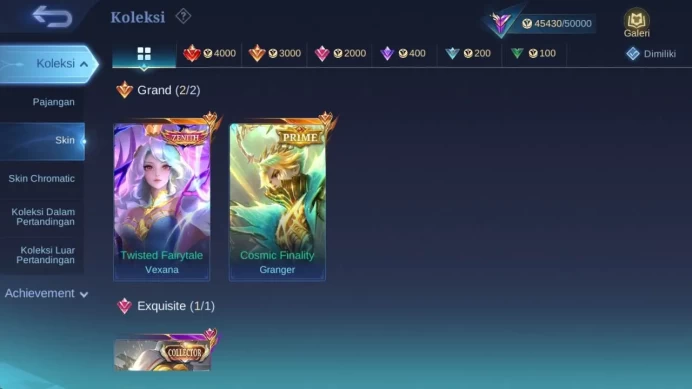 Hero 100 skin 176 Vexana Zenith, Prime granger, Valentine fanny, Venom GS, D tamer Kimmy, Lborn harith, Dtamer ling ML1526B