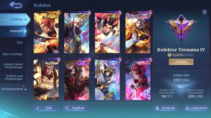 Skin 215, Hero 120 | Prime YZ, LB lance, Venom grock, Zodiac HC, Dtamer ling, Summer freya, Create granger, Mpl Wanwan ML1527B