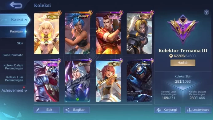 skin 281, hero 132, prime Beatrix, LB chou, Saber(freya,saber,jhonson) Dtamer (lance,ling,kimmy) M4 Beatrix,Neymar Bruno ML1537B