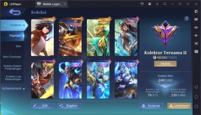 Hero 132|Skin 248|Recall epic|AoT Fanny,Transform Roger,Prime Granger,Kof Karina,Annual Haya,Lucky Kagura,etc|Check SS|ML1556B