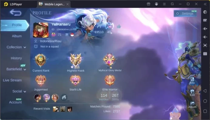 GLOBAL|Hero 114|Skin 267|Prime Granger,Kof Karina,Star Haya+Angela,Lucky Selena,etc|Renowned CC|Check SS|ML1596B