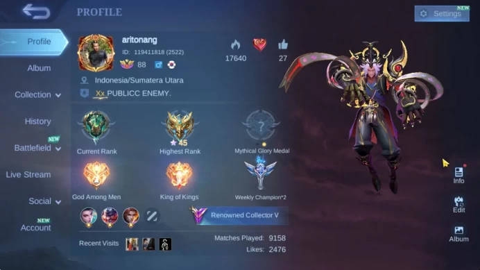Hero 132|Skin 227|KOF Karina,CC Natalia,Gaara Vale,Lb Tigreal,DT Kimmy,Myst[Lesley,Julian],10 Epic Skin,etc|TakeMail|(MLBB2172)