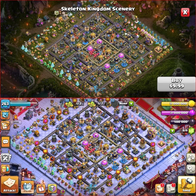 Perfect Th18 [ Rank 29 Global ! ] level 263, All 5 Heroes Max { 13 Rare Epic Max } 4300 WS 46 Skin Hero, 8 Scenery, 275 Wall Max, Full Defenses