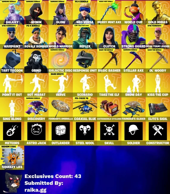 [PC] 143 skins | OG STW | IKONIK | Galaxy | Merry Mint Axe | Neo Versa | WORLD CUP | Gold Midas | Royale Bomber | World Warrior