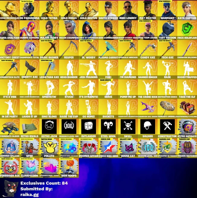 [PC] 483 skins | OG STW | Renegade Raider | Aerial Assault Trooper | Gold Meowscles | OG Paradigma | Gold TNTina | Gold Midas | Gold Brutus | 50