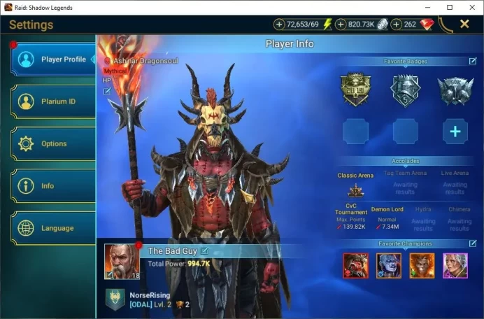 Lv18 994K Power|1 Mythic(Ash'nar)|23 Legend(Ninja,Narma,Lyssandra,Wukong,Rathalos,Dknight,Ezio,Etc)|72K Energy|Plarium(RSL1458)