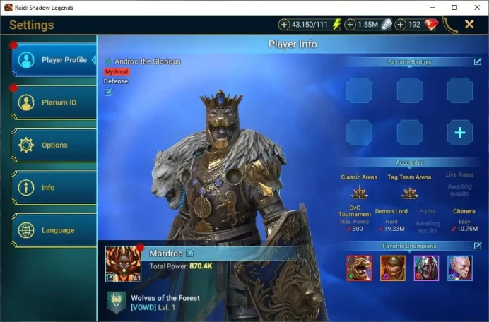 Lv41 870K Power|1 Mythic(Androc)|20 Legend(Marichka,Ninja,Wukong,Ezio,Xenomrph,Dknight,Rathalos,Etc)|43K Energy|Plarium(RSL1455)