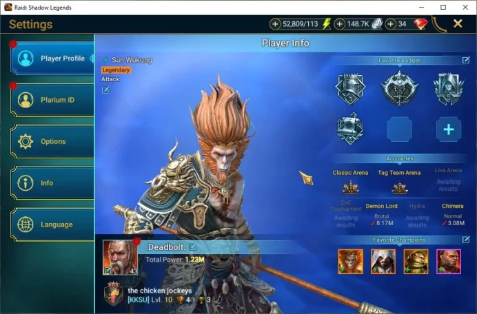 Lv43 1,2M Power|1 Mythic(Galathir)|23 Legend(Ninja,Alice,Rathalos,Dknight,Xenomorph,Wukong,Ezio,Etc)|52K Energy|Plarium(RSL1446)