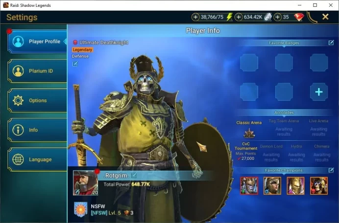 Lv20 648K Power|1 Mythic(Gharol)|23 Legend(Ninja,Alice,Rathalos,Dknight,Xenomorph,Wukong,Ezio,Etc)|38K Energy|Plarium(RSL1443)
