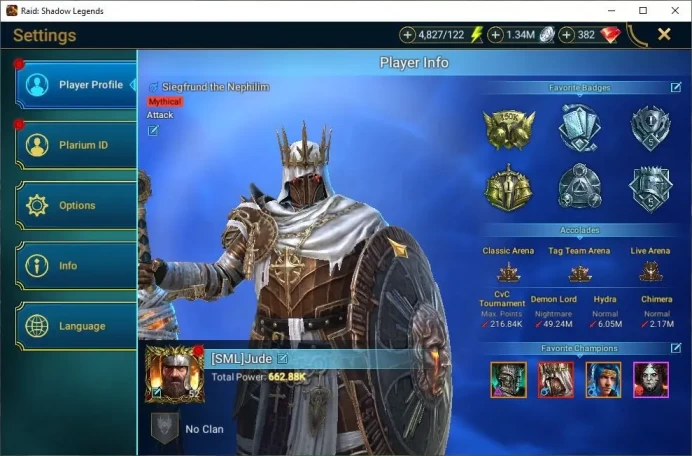 Lv52 662K Power|2 Mythic(Siegfrund,Fjorad)|23 Legend(Ninja,Titus,Leminisi,DKnight,Wukong,Rathalos,Etc)4K Energy|Plarium(RSL1421)