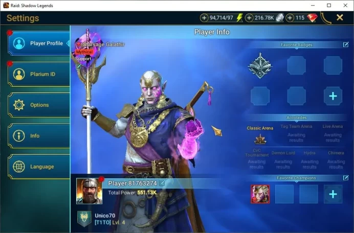 Lv31 551K Power|1 Mythic(Galathir)|19 Legendary(Gnut,Ninja,Bad-el-Kazar,Deliana,Xenomorph,Alice,Etc)|94K Energy|Plarium(RSL1412)