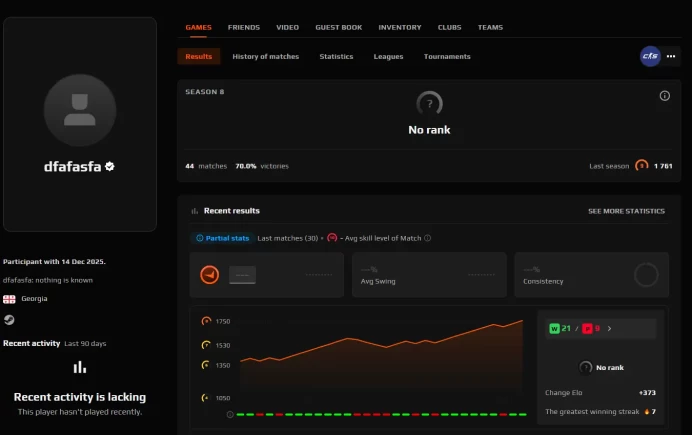 CS431 FACEIT LEVEL 9 Last Season, 1761 ELO, 44 Matches, Verified, Prime Enabled