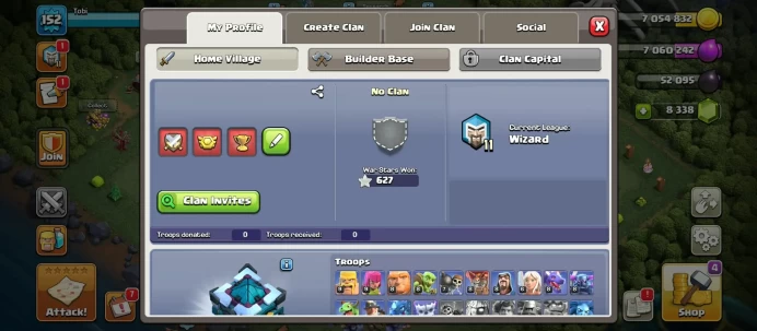8352 GEMS | SEMI MAX DEFENSE / WALLS | FREE NAME | LOTS OF MAGIC ITEMS | EQUIMENT EPIC | HERO SKINS | WAR STARS