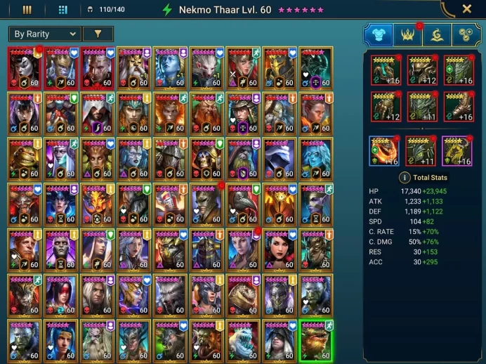 RSL706: LV96 - Power 6.28M - 3 mythic - 68 Champions LV 60 - 91 Legend - 11 Void