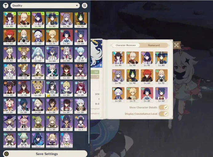 ASIA|AR 54|4 Limited+29(*4Character)|Columbina,Raiden,Wanderer,Kazuha|Mc Male|Low Exploration|TakeMail|Check(GI6186)