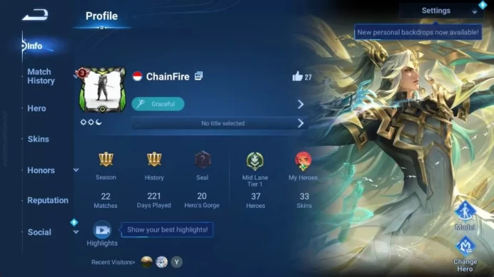 GLOBAL | hero 37, skin 33 | SXNX houyi, legend lady sun, promise erin, honor kui, honor nuwa, land guiguzi check SS HOK181B