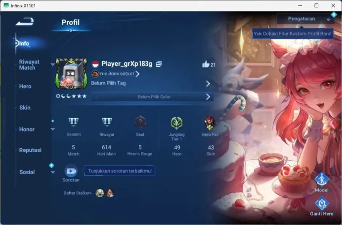 GLOBAL | hero 49, skin 43 KIC luna, Legend lady sun, land shi, honor sakeer, many epic skin check SS HOK187B